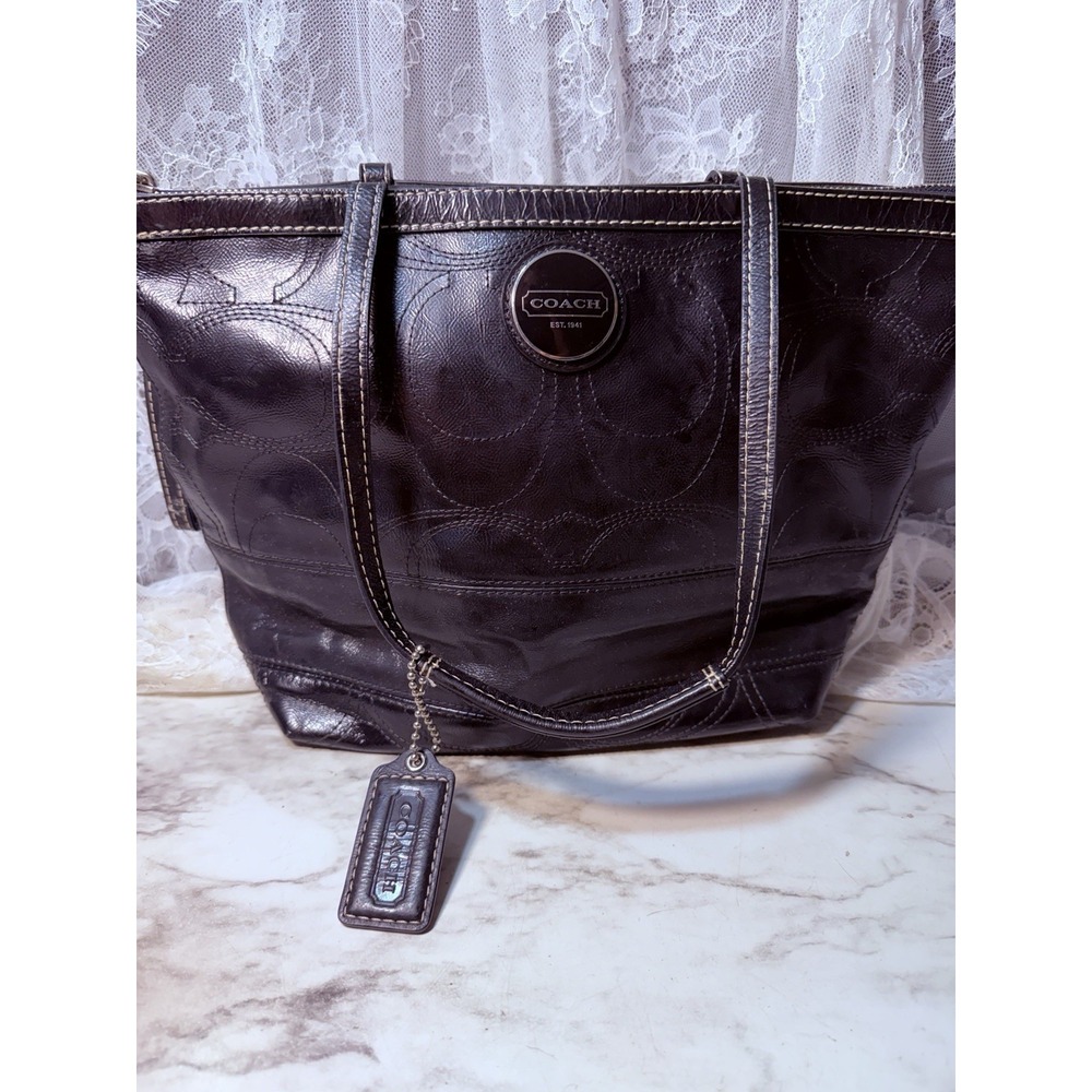 Coach Signature Stitch Tote Black Patent Leather Shoulder Bag F15142  (3103)